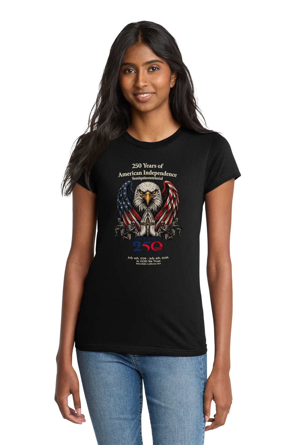 Womans 250 Years of American Independence Patriotic Eagle T-Shirt – Faith, Freedom & Honor (1776–2026)