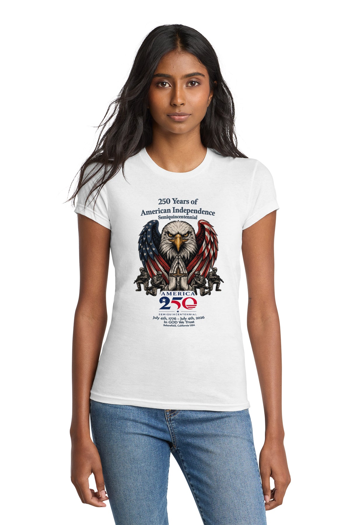 Womans 250 Years of American Independence Patriotic Eagle T-Shirt – Faith, Freedom & Honor (1776–2026)